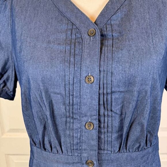 Allegra K Chambray Mini Dress Short Puff Sleeve Pintucks Button Front Size Small - Picture 2 of 11